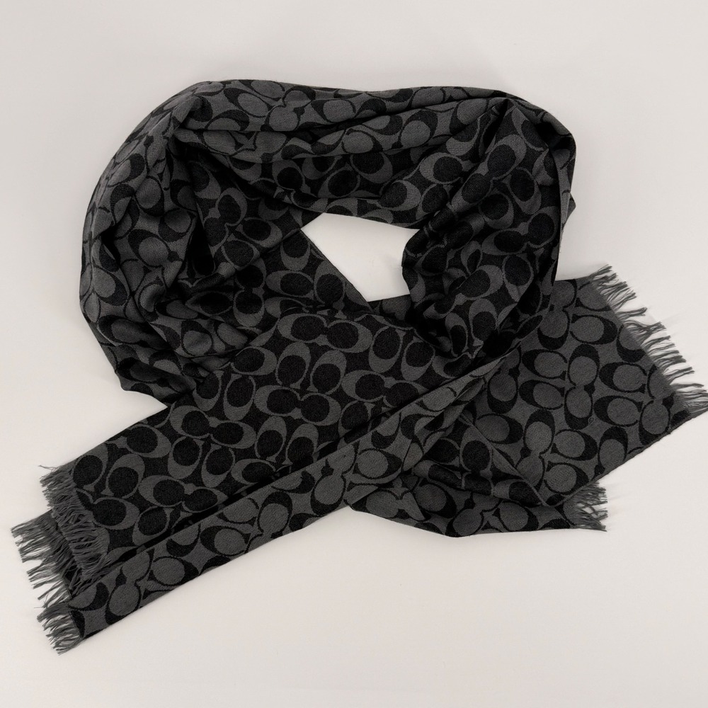Coach Signature C Monogram Scarf Gray Charcoal Fringed Designer Wrap